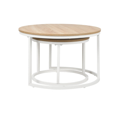Oikiture Set of 2 Nesting Coffee Table Round Natural &amp; White-Coffee Table-PEROZ Accessories