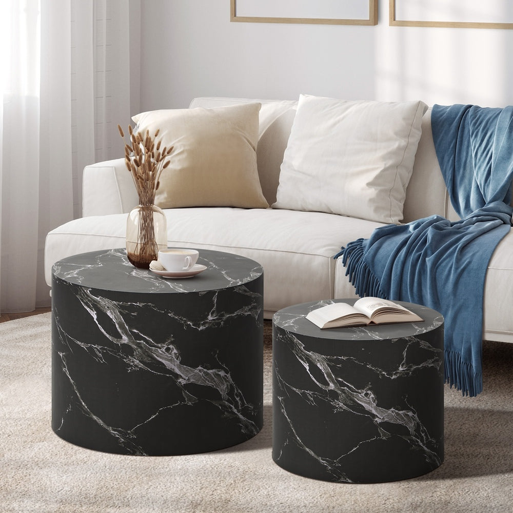 Oikiture Round Coffee Table Set of 2 Marble Effect Black-Coffee Table-PEROZ Accessories