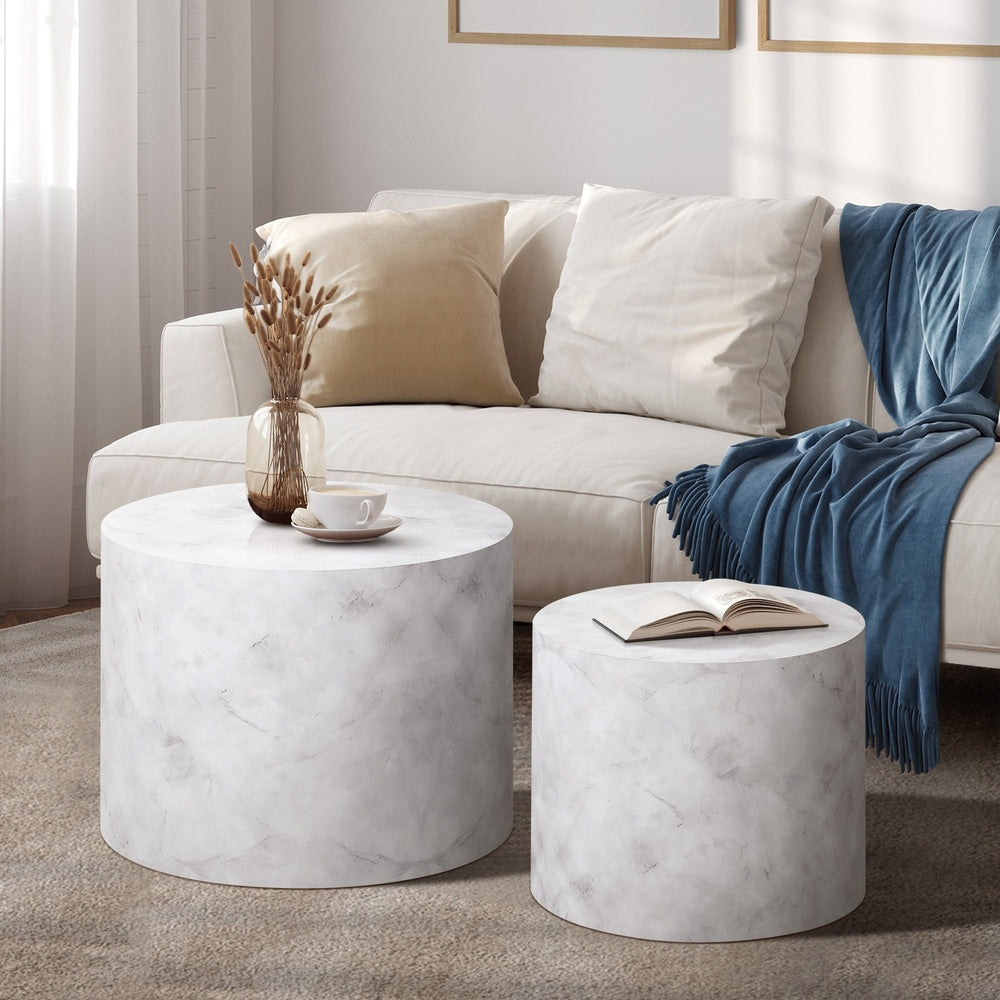 Oikiture Round Coffee Table Set of 2 Marble Effect White-Coffee Table-PEROZ Accessories