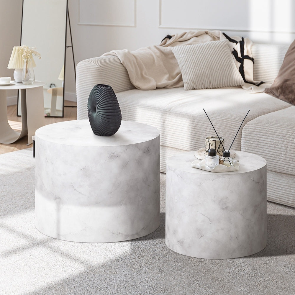 Oikiture Round Coffee Table Set of 2 Marble Effect White-Coffee Table-PEROZ Accessories