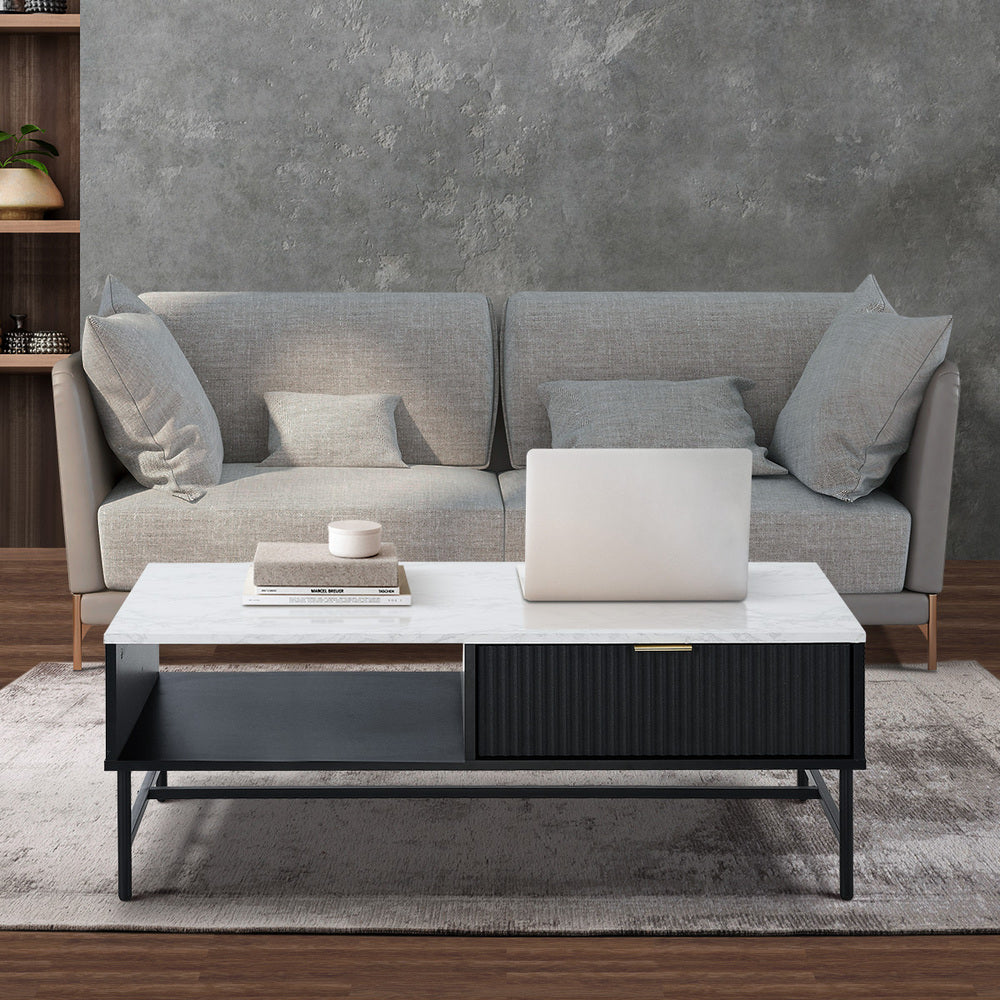 Oikiture Coffee Table 1 Drawer Sofa End Table Open Shelf Black &amp; White-Coffee Tables-PEROZ Accessories
