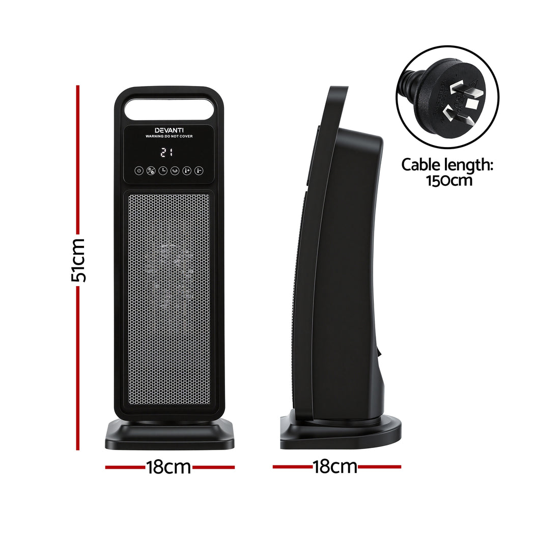Devanti 2000W Ceramic Tower Heater Space Heaters Indoor Oscillating Black-Appliances > Heaters > Electric Heaters-PEROZ Accessories