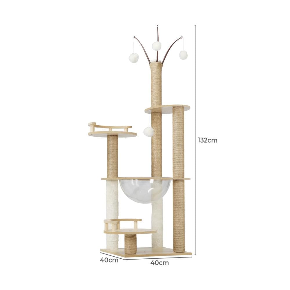 Alopet 132cm Cat Tree Wooden Cat Tower with Cat Scratching Post and Acrylic Bowl-Cat Tree-PEROZ Accessories