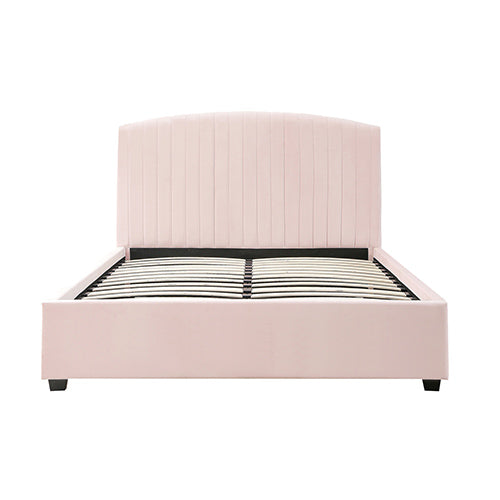 Camelia Double Size Bed Frame Pink Velvet Upholstery High Headboard Quality Slats Metal Structure-Furniture > Bedroom > Beds &amp; Bed Frames-PEROZ Accessories