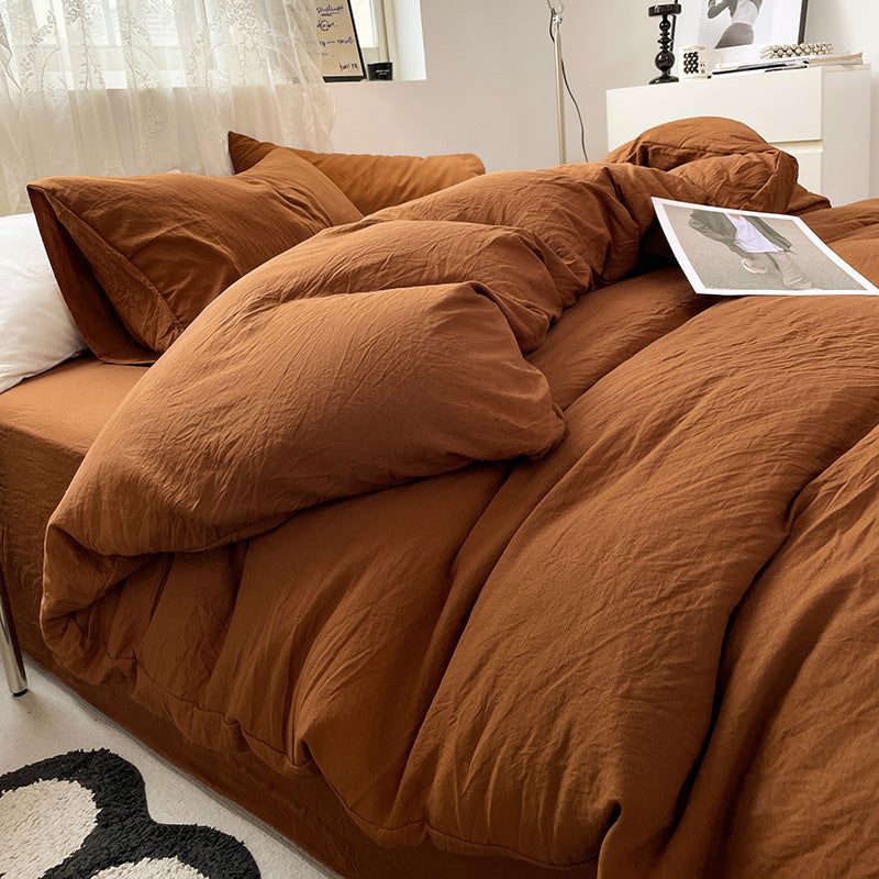 Caramel Solid Color Solid Color Solid Color 1.5m Bed Fitted Sheet Set with 200x230cm Duvet Cover - 4-Piece Bedding Set-Home &amp; Garden > Bedding > Bed Sheets-PEROZ Accessories