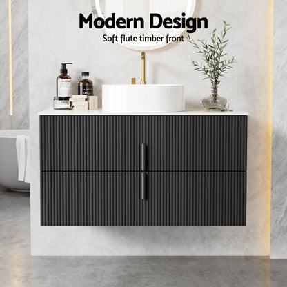 Cefito Vanity Unit 900mm Bathroom Cabinet Storage Wall Hung Black Timber Front-Furniture > Bathroom > Bathroom Cabinets, Cupboards &amp; Storage-PEROZ Accessories