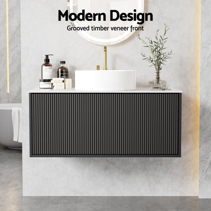 Cefito Vanity Unit 900mm Bathroom Cabinet Storage Wall Hung Grooved Timber Black-Furniture > Bathroom > Vanity Units-PEROZ Accessories