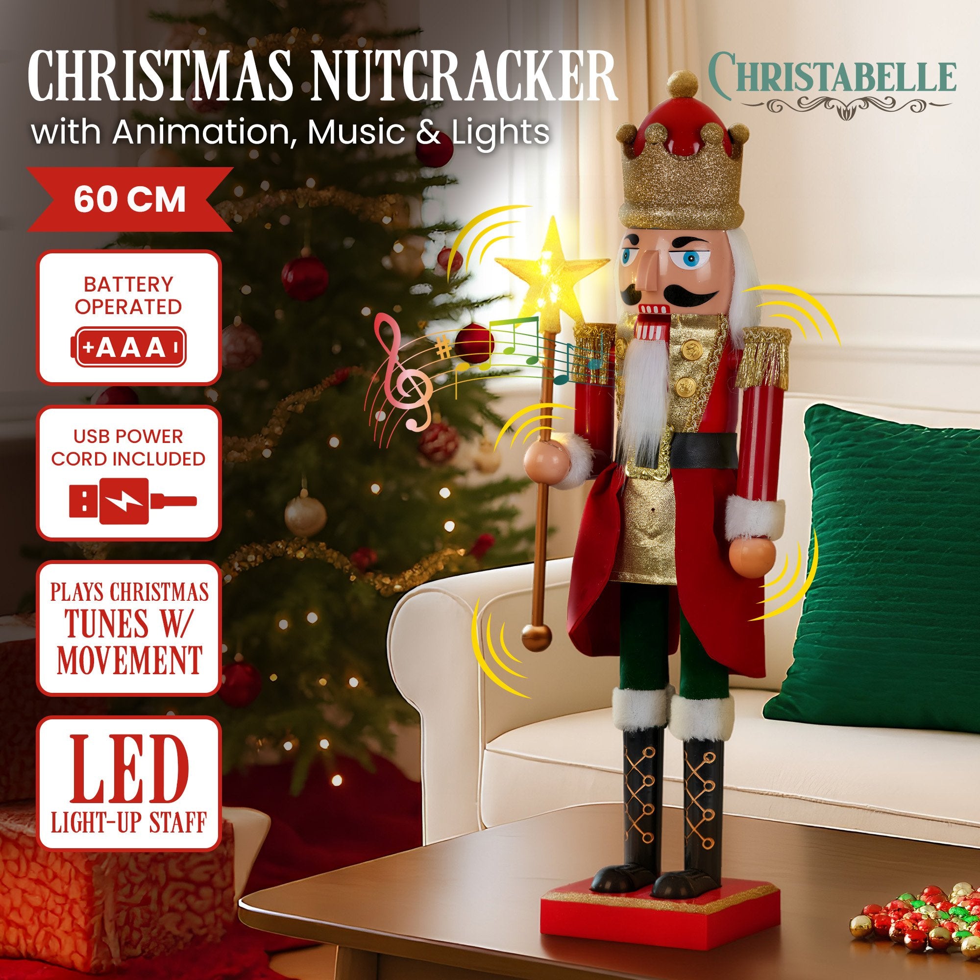Christabelle 60cm Musical LED Animated Christmas Nutcracker Ornament Decoration-Occasions > Christmas > Christmas Decorations-PEROZ Accessories