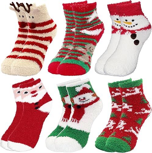 Christmas Socks - 6 Pairs Cozy Warm Fluffy Plush Bed Socks for Women, Girls - Cute Coral Fleece Xmas Indoor-Occasions > Christmas > Christmas Clothing-PEROZ Accessories