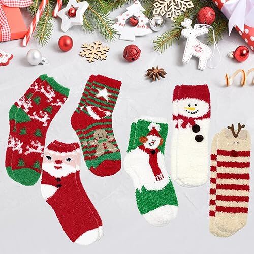 Christmas Socks - 6 Pairs Cozy Warm Fluffy Plush Bed Socks for Women, Girls - Cute Coral Fleece Xmas Indoor-Occasions &gt; Christmas &gt; Christmas Clothing-PEROZ Accessories