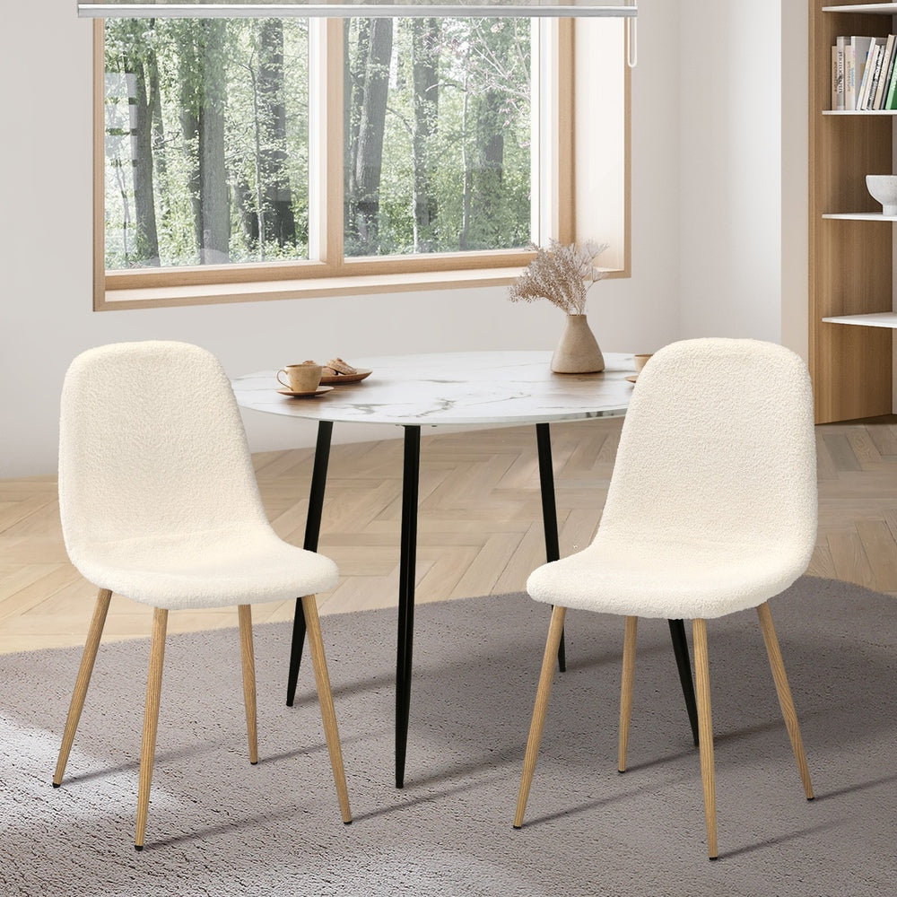Oikiture 2x Dining Chairs Sherpa White and Wooden-Dining Chair-PEROZ Accessories