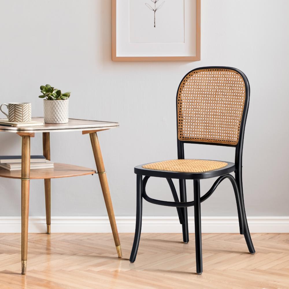 Oikiture Dining Chairs Wooden Chairs Rattan Seat Black-Dining Chairs-PEROZ Accessories