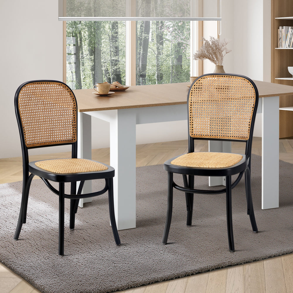 Oikiture 2PCS Dining Chairs Wooden Rattan Black-Dining Chairs-PEROZ Accessories