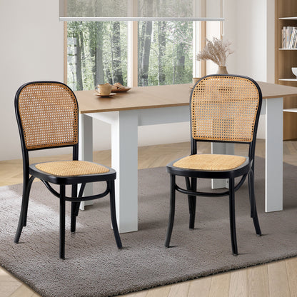 Oikiture 2PCS Dining Chairs Wooden Rattan Black-Dining Chairs-PEROZ Accessories