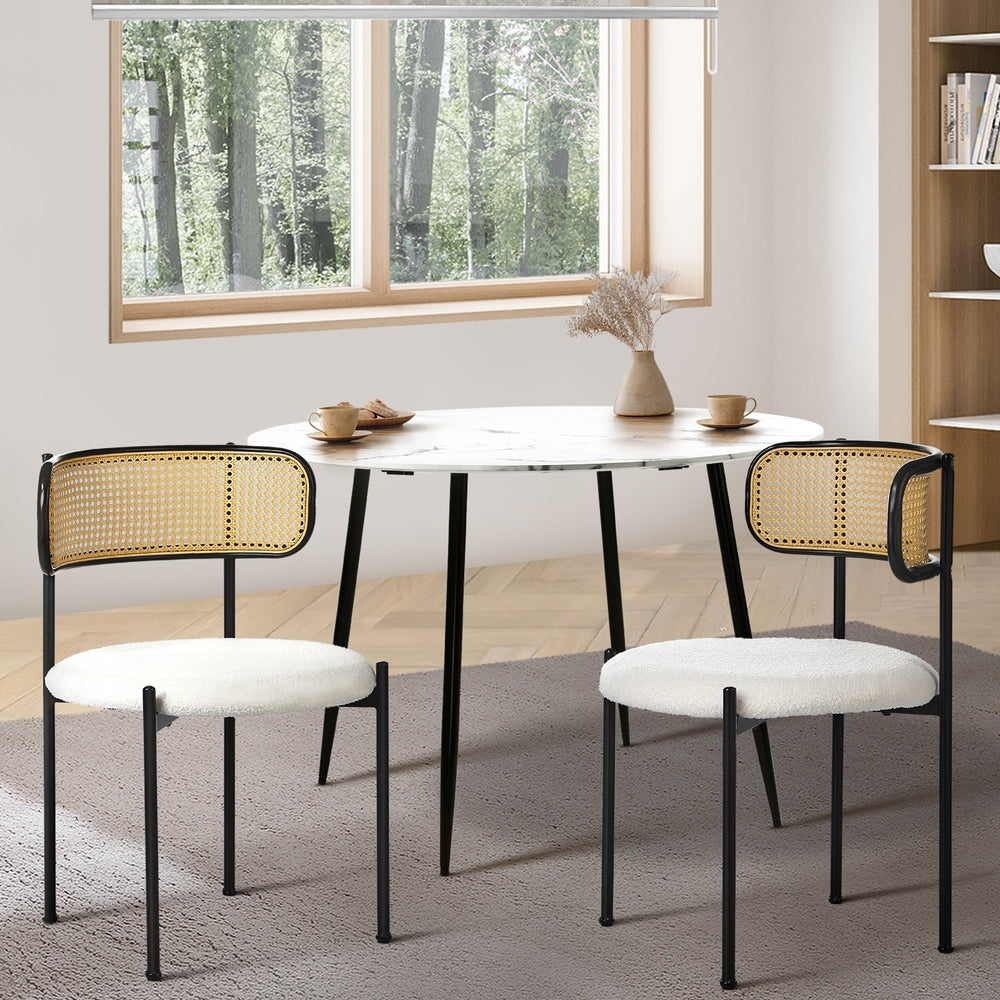 Oikiture 2x Dining Chair Round Boucle Rattan Backrest Black &amp; White-Dining Chair-PEROZ Accessories