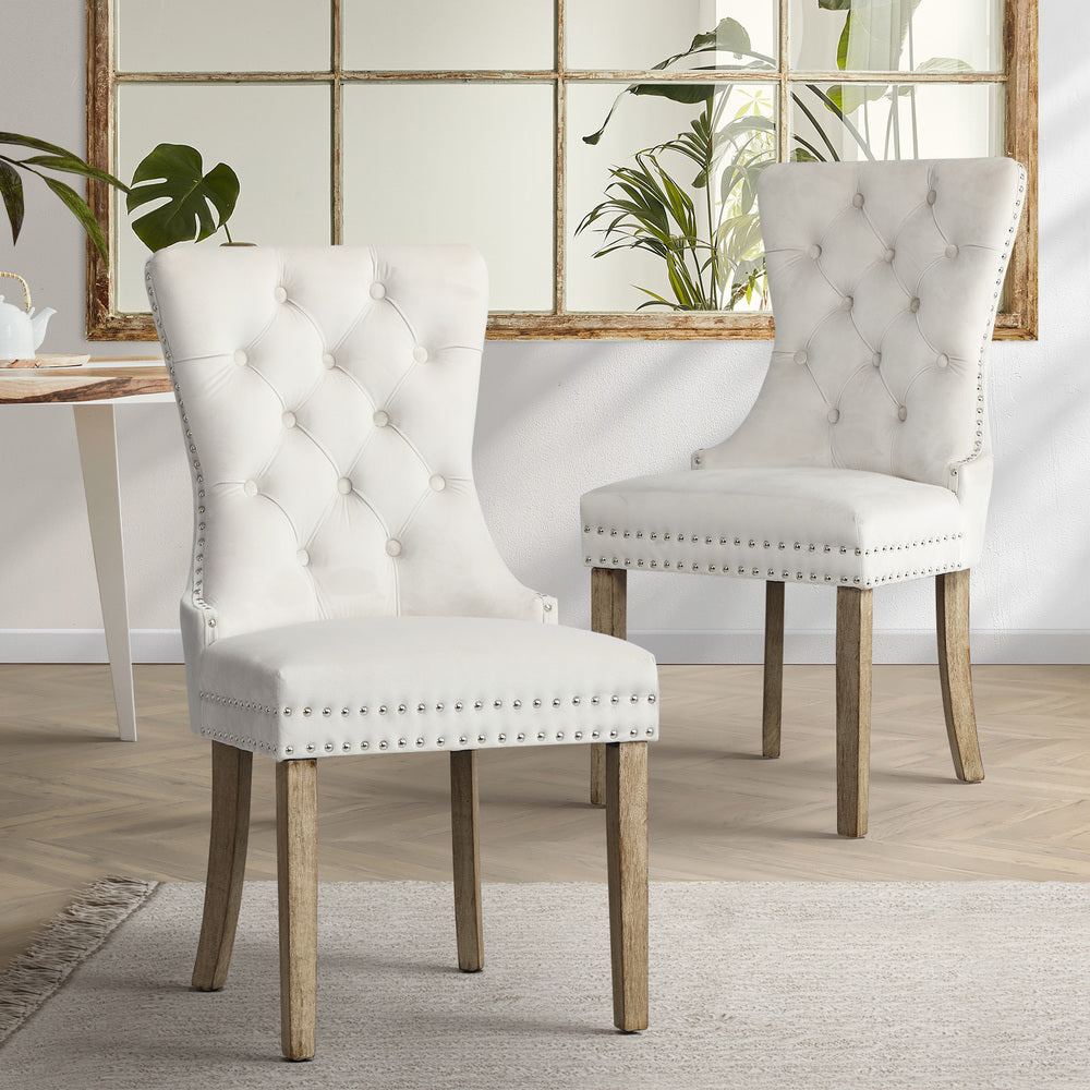 Oikiture Velert Dining Chair with Wooden Frame and French Tufted X2 Beige-Dining Chairs-PEROZ Accessories