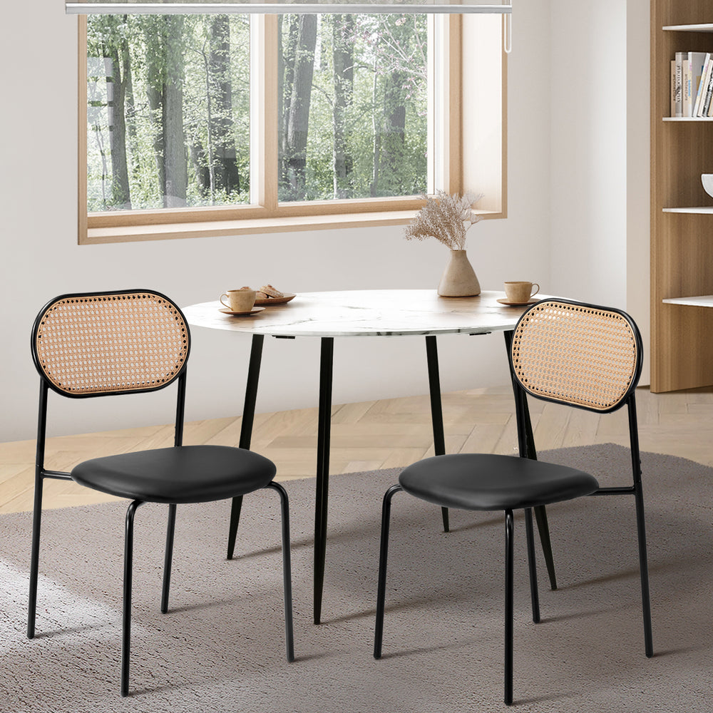 Oikiture 2PCS Rattan Dining Chair PU Leather Black-Dining Chairs-PEROZ Accessories