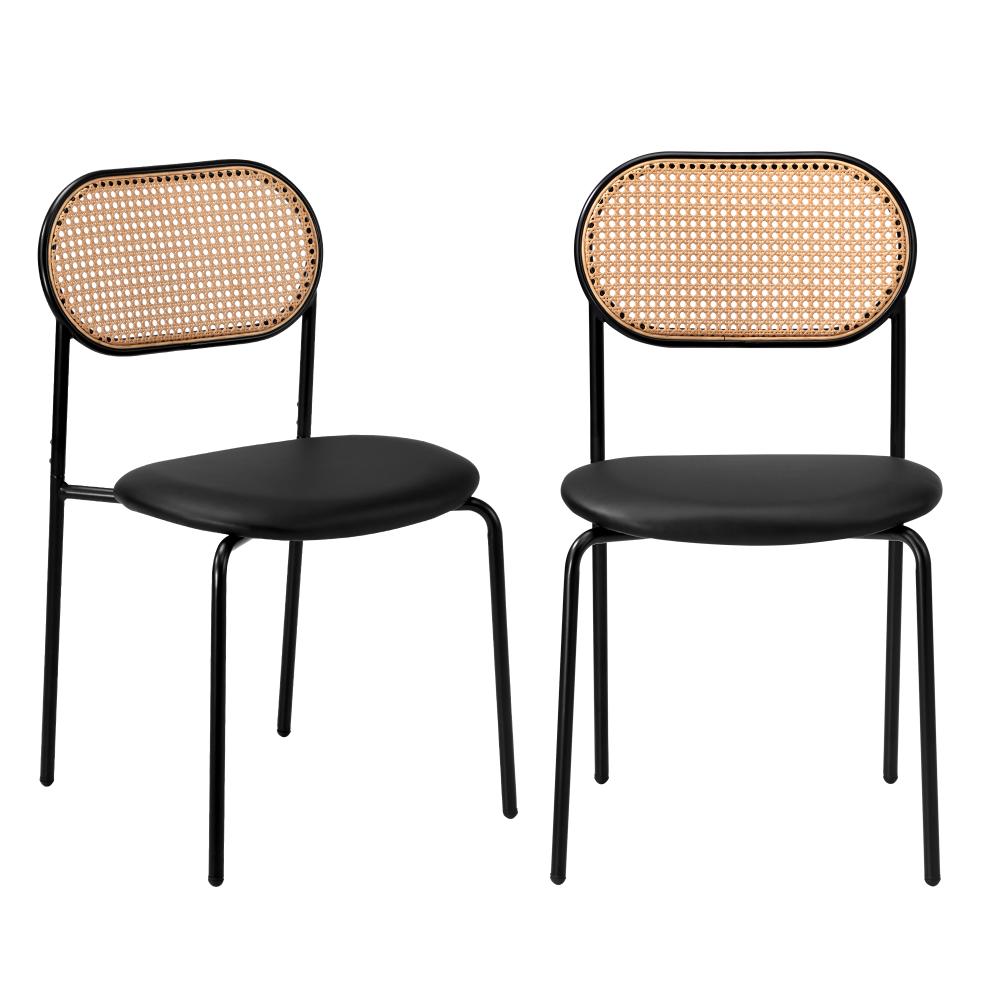 Oikiture 2PCS Rattan Dining Chair PU Leather Black-Dining Chairs-PEROZ Accessories