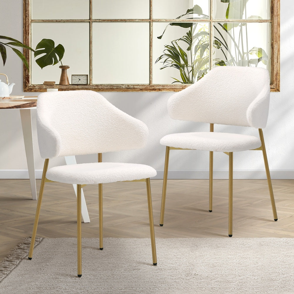 Oikiture 2x Dining Chair Sherpa Gold &amp; White-Dining Chair-PEROZ Accessories