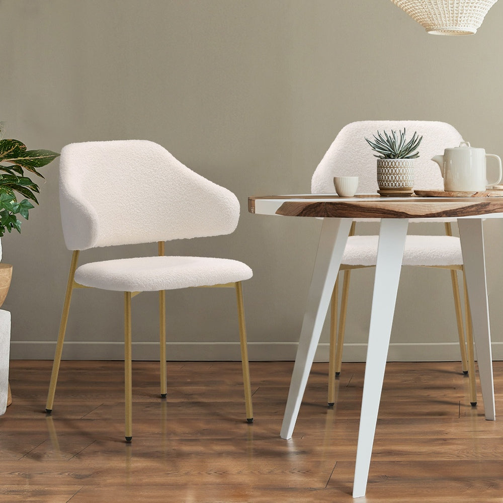 Oikiture 2x Dining Chair Sherpa Gold &amp; White-Dining Chair-PEROZ Accessories