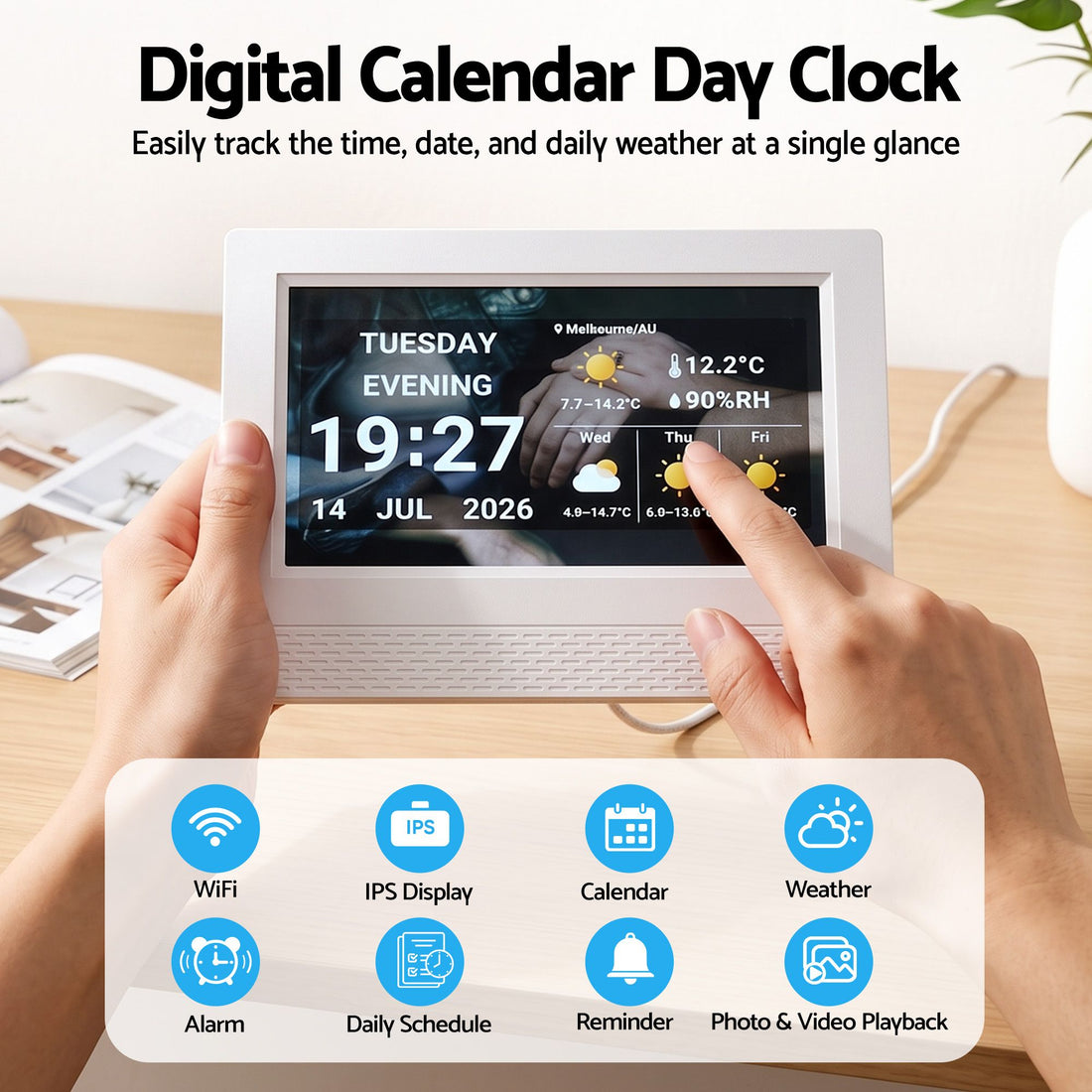 Artiss 7" Smart Digital Clock Calendar HD IPS Touchscreen Weather Photo Frame-Home &amp; Garden > Decor > Clocks-PEROZ Accessories