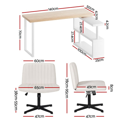Artiss Office Desk &amp; Chair Set 140cm Computer Desk with Rotatable Bookshelf &amp; Criss Cross Office Chair Armless Swivel Chair, Home Office Study Workstation Furniture