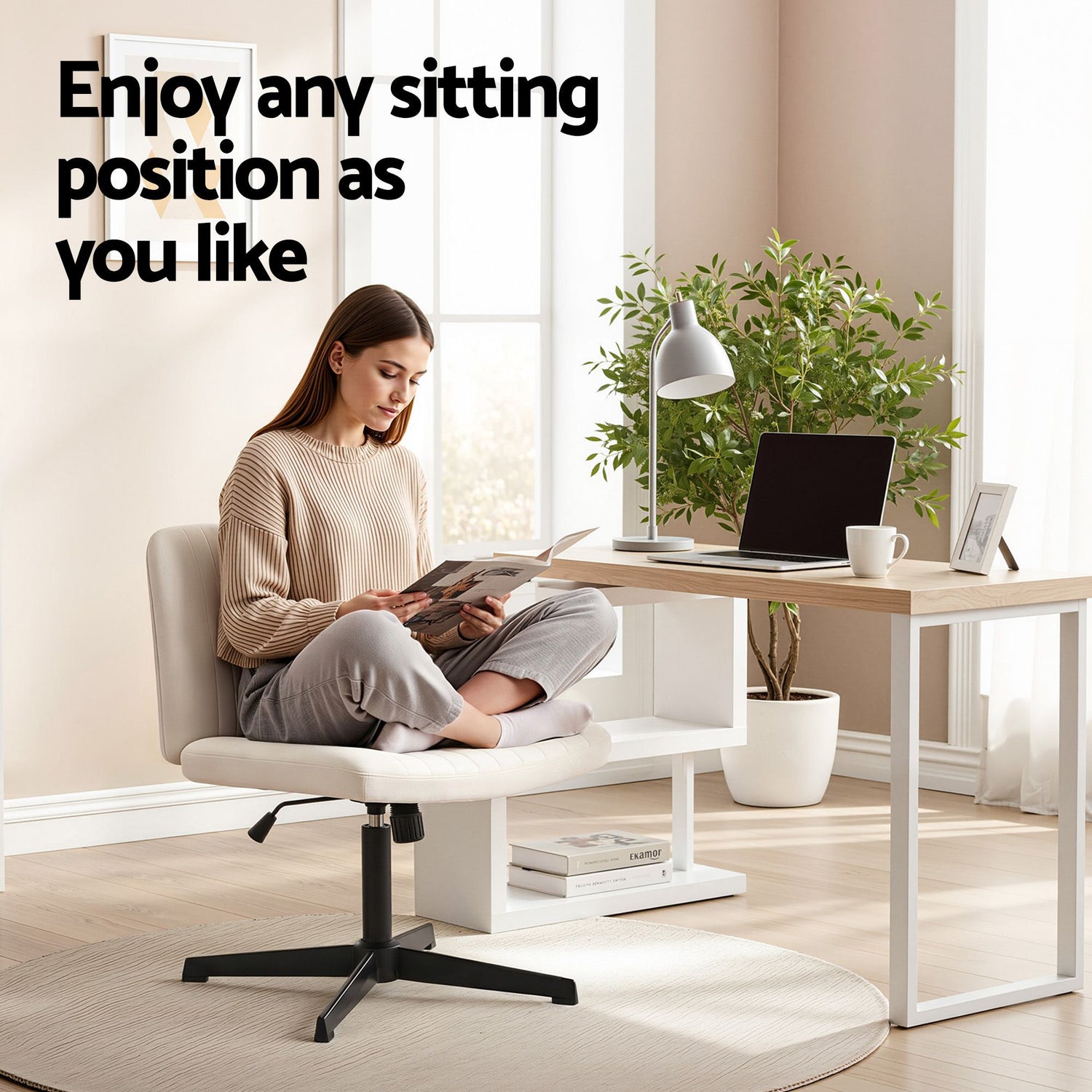 Artiss Office Desk &amp; Chair Set 140cm Computer Desk with Rotatable Bookshelf &amp; Criss Cross Office Chair Armless Swivel Chair, Home Office Study Workstation Furniture