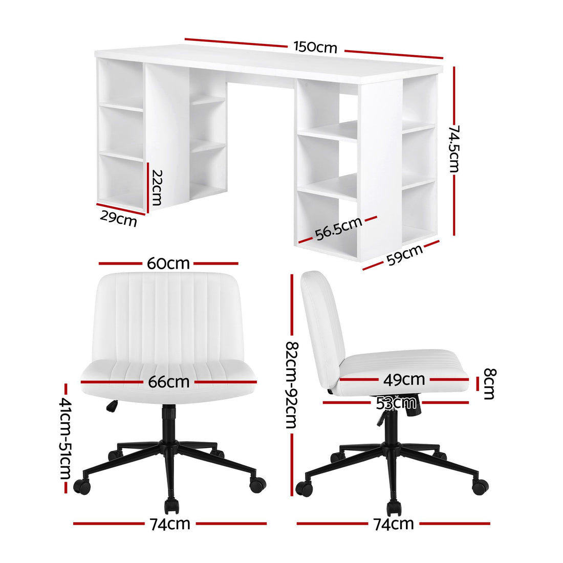 Artiss Office Desk &amp; Chair Set 150cm Computer Desk with 6 Storage Shelves &amp; Ergonomic Cross Legged Chair Armless Cross PU Leather Office Chair with Wheels-Furniture > Office > Desks-PEROZ Accessories
