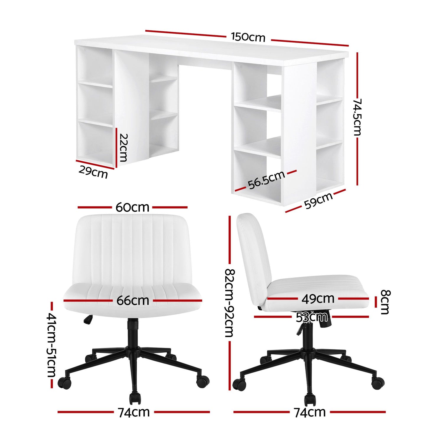 Artiss Office Desk &amp; Chair Set 150cm Computer Desk with 6 Storage Shelves &amp; Ergonomic Cross Legged Chair Armless Cross PU Leather Office Chair with Wheels