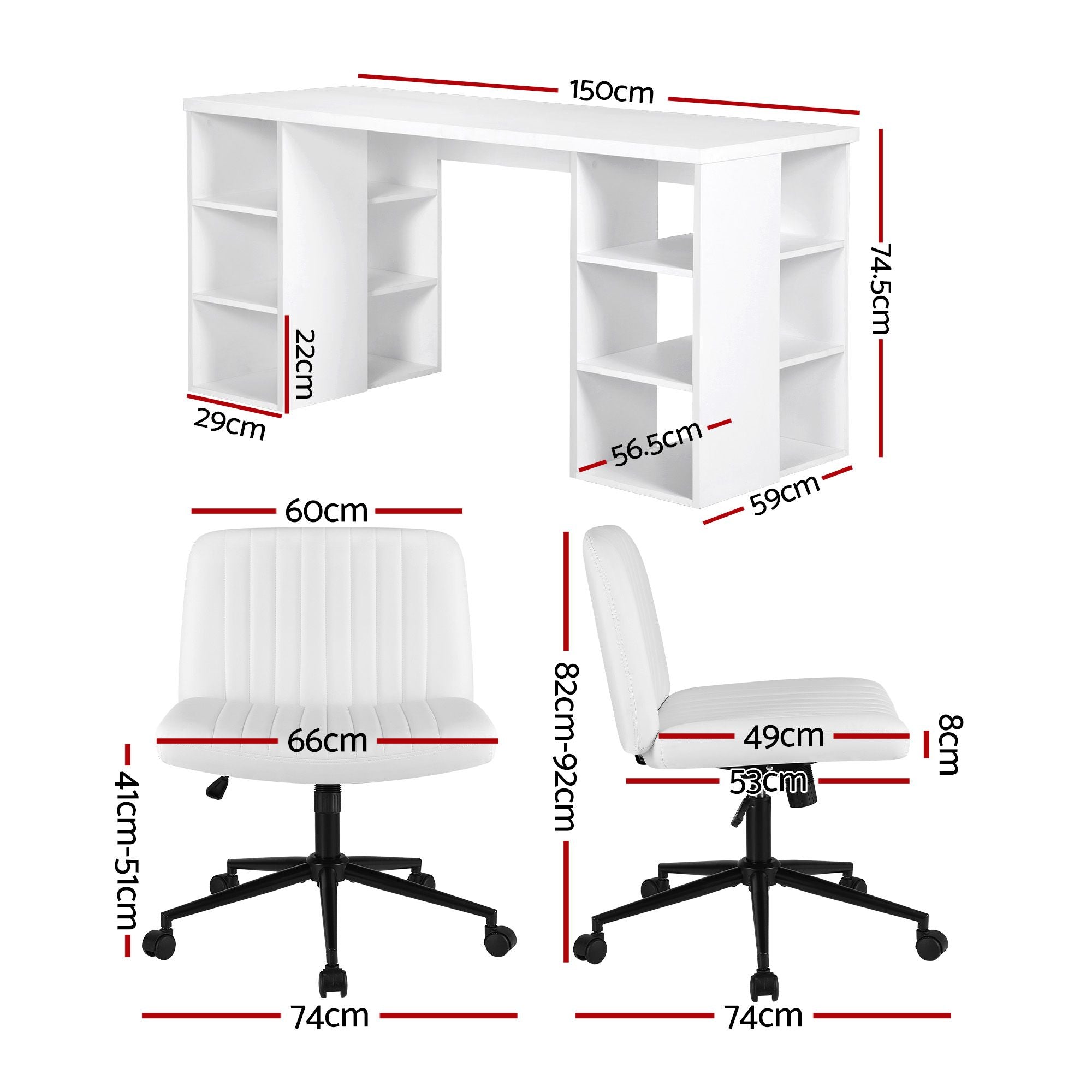 Artiss Office Desk &amp; Chair Set 150cm Computer Desk with 6 Storage Shelves &amp; Ergonomic Cross Legged Chair Armless Cross PU Leather Office Chair with Wheels