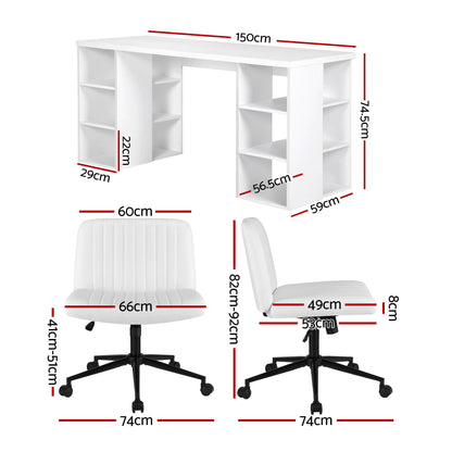 Artiss Office Desk &amp; Chair Set 150cm Computer Desk with 6 Storage Shelves &amp; Ergonomic Cross Legged Chair Armless Cross PU Leather Office Chair with Wheels