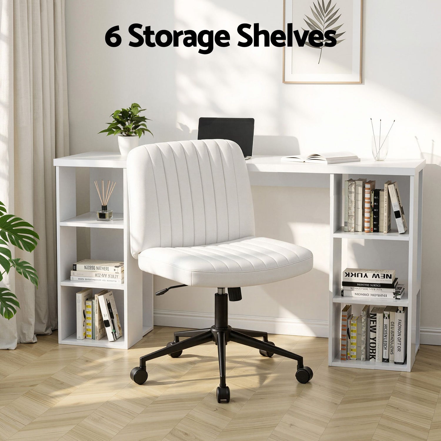 Artiss Office Desk &amp; Chair Set 150cm Computer Desk with 6 Storage Shelves &amp; Ergonomic Cross Legged Chair Armless Cross PU Leather Office Chair with Wheels