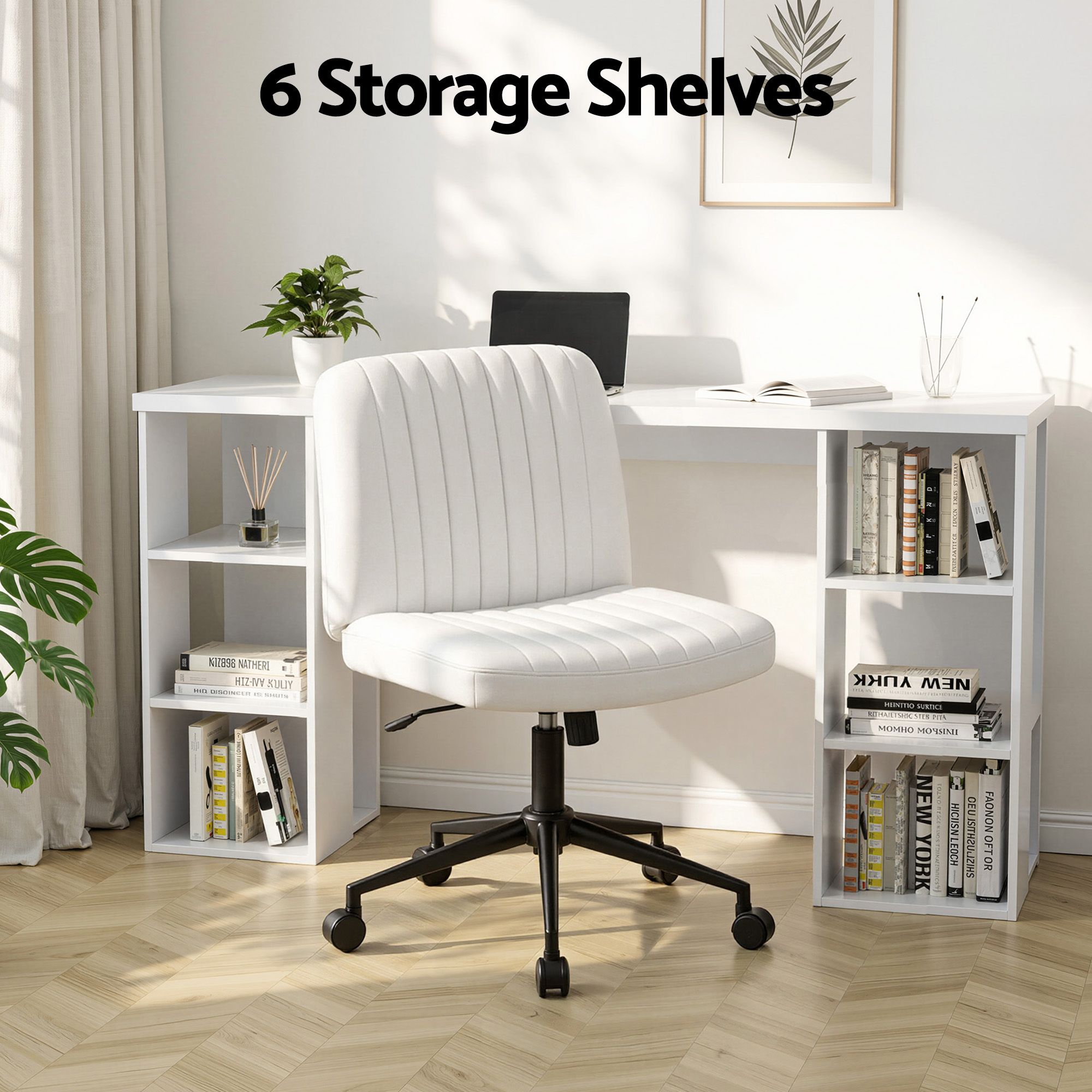 Artiss Office Desk &amp; Chair Set 150cm Computer Desk with 6 Storage Shelves &amp; Ergonomic Cross Legged Chair Armless Cross PU Leather Office Chair with Wheels