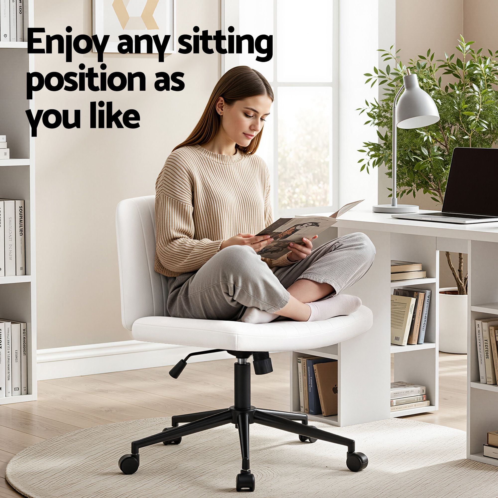 Artiss Office Desk &amp; Chair Set 150cm Computer Desk with 6 Storage Shelves &amp; Ergonomic Cross Legged Chair Armless Cross PU Leather Office Chair with Wheels