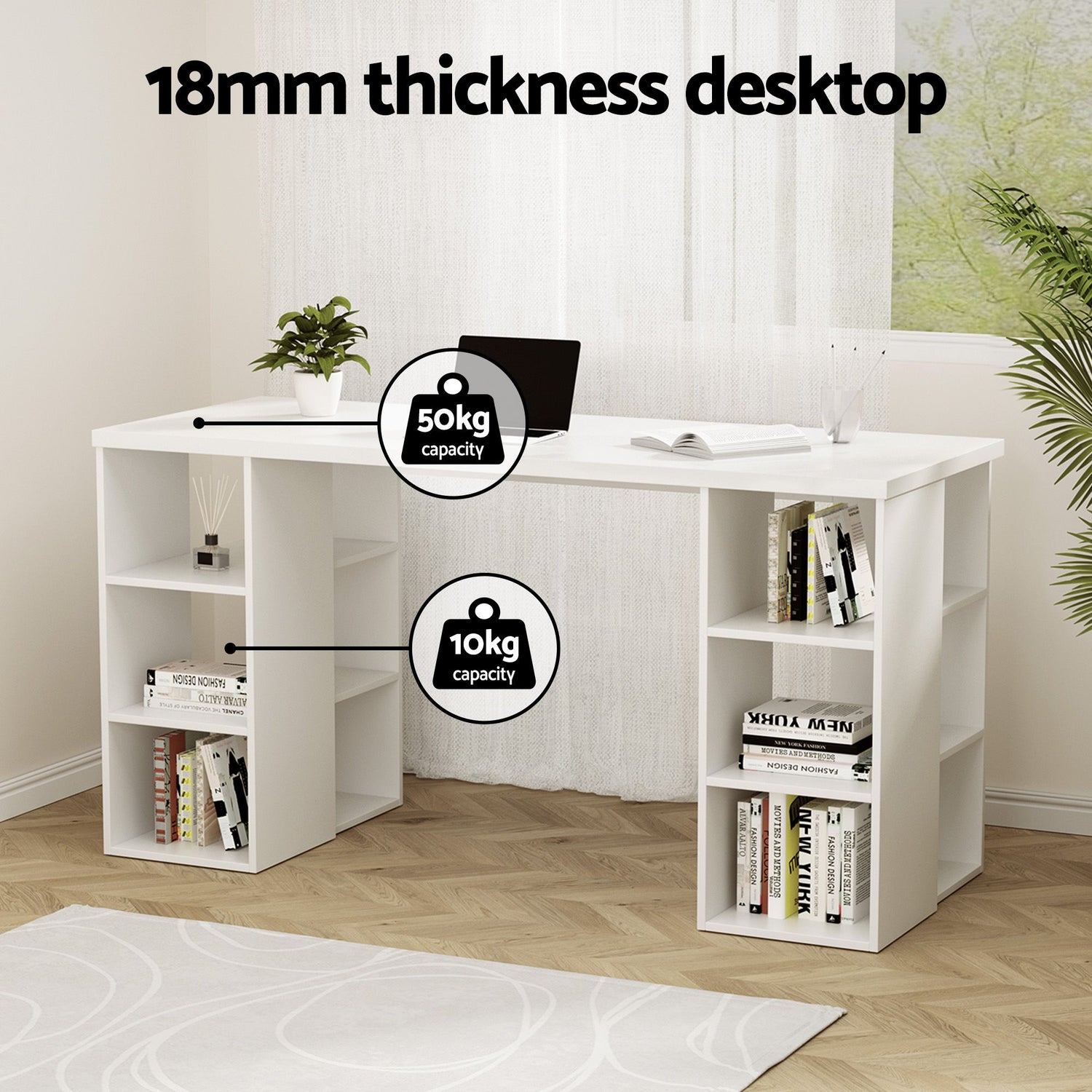 Artiss Office Desk &amp; Chair Set 150cm Computer Desk with 6 Storage Shelves &amp; Ergonomic Cross Legged Chair Armless Cross PU Leather Office Chair with Wheels