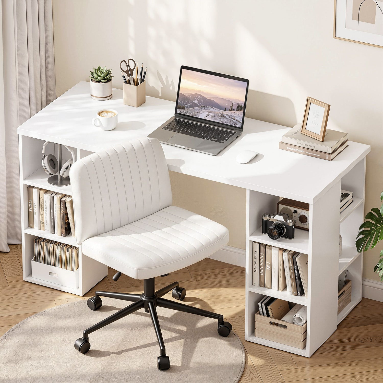 Artiss Office Desk &amp; Chair Set 150cm Computer Desk with 6 Storage Shelves &amp; Ergonomic Cross Legged Chair Armless Cross PU Leather Office Chair with Wheels