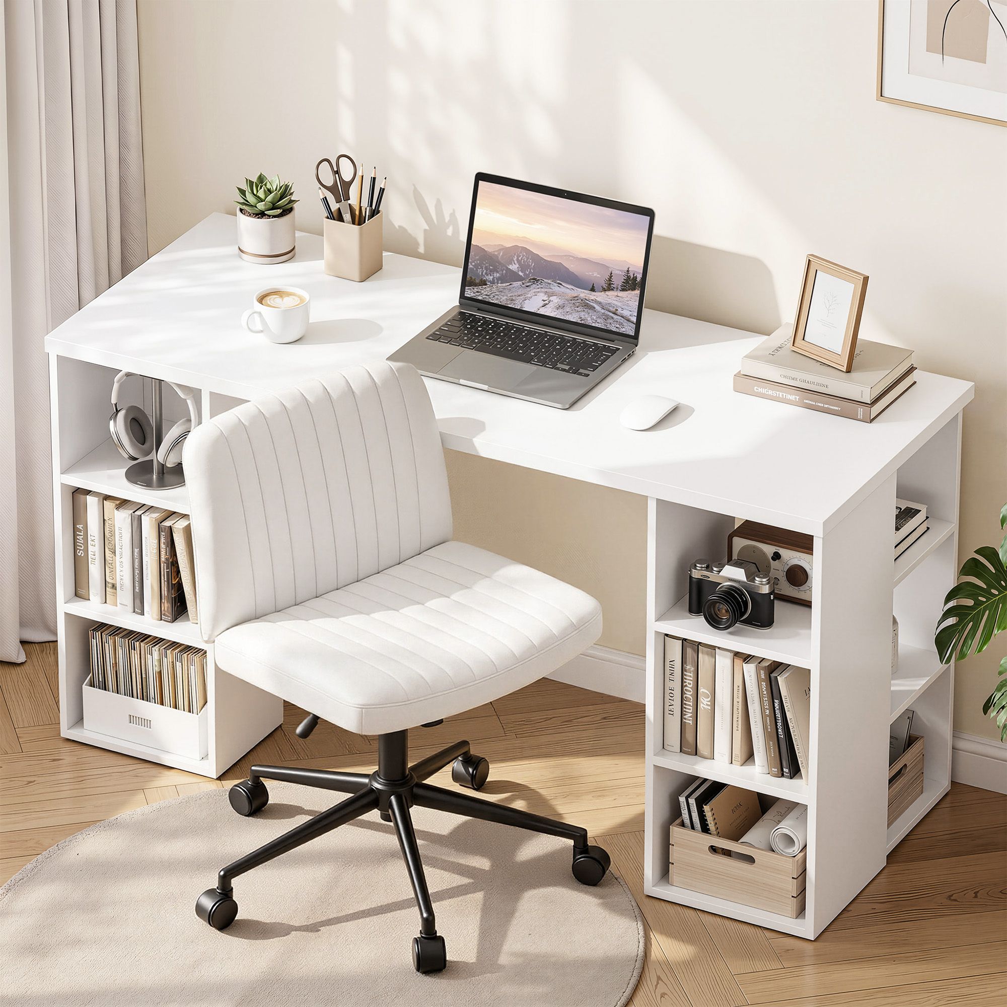 Artiss Office Desk &amp; Chair Set 150cm Computer Desk with 6 Storage Shelves &amp; Ergonomic Cross Legged Chair Armless Cross PU Leather Office Chair with Wheels