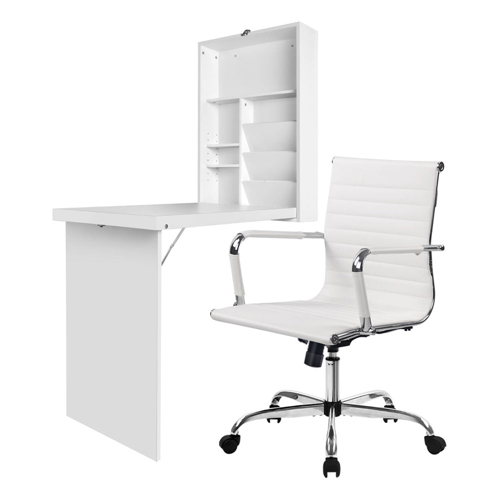 Artiss Computer Desk Office Chair Set PU Leather Wall Mount Foldable Table White-Furniture &gt; Office &gt; Desks-PEROZ Accessories