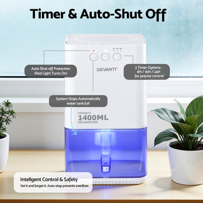 Devanti 1400ML Portable Dehumidifier Quiet Sleep Mode Timer Auto Off Bedroom White-Appliances > Aroma Diffusers &amp; Humidifiers > Dehumidifiers-PEROZ Accessories