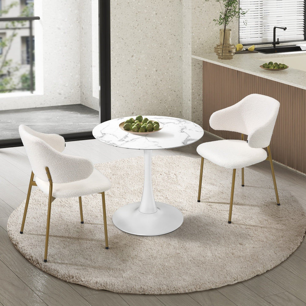 Oikiture 60cm Round Dining Table with 2x Dining Chairs Sherpa Gold &amp; White-Dining Set-PEROZ Accessories