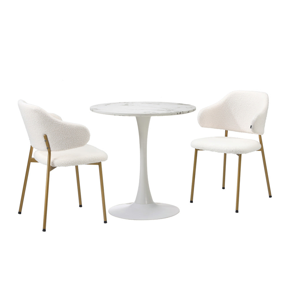 Oikiture 60cm Round Dining Table with 2x Dining Chairs Sherpa Gold &amp; White-Dining Set-PEROZ Accessories
