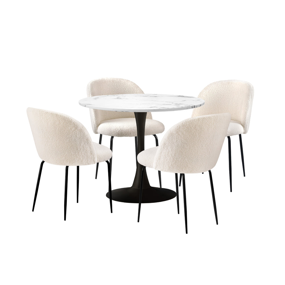 Oikiture 90cm Round Dining Table with 4PCS Chairs Sherpa White-Dining Sets-PEROZ Accessories