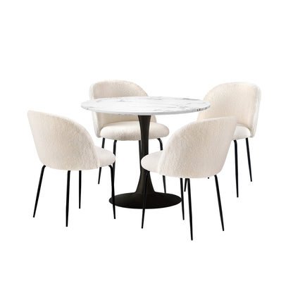 Oikiture 90cm Round Dining Table with 4PCS Chairs Sherpa White-Dining Sets-PEROZ Accessories