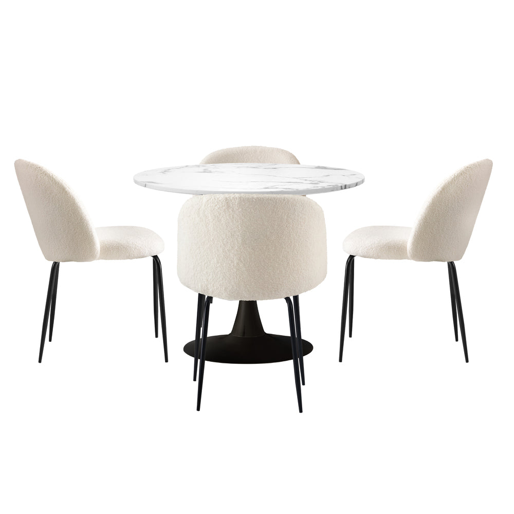 Oikiture 90cm Round Dining Table with 4PCS Chairs Sherpa White-Dining Sets-PEROZ Accessories