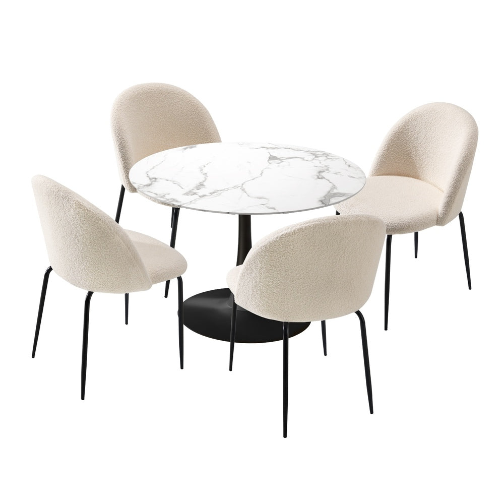 Oikiture 90cm Round Dining Table with 4PCS Chairs Sherpa White-Dining Sets-PEROZ Accessories