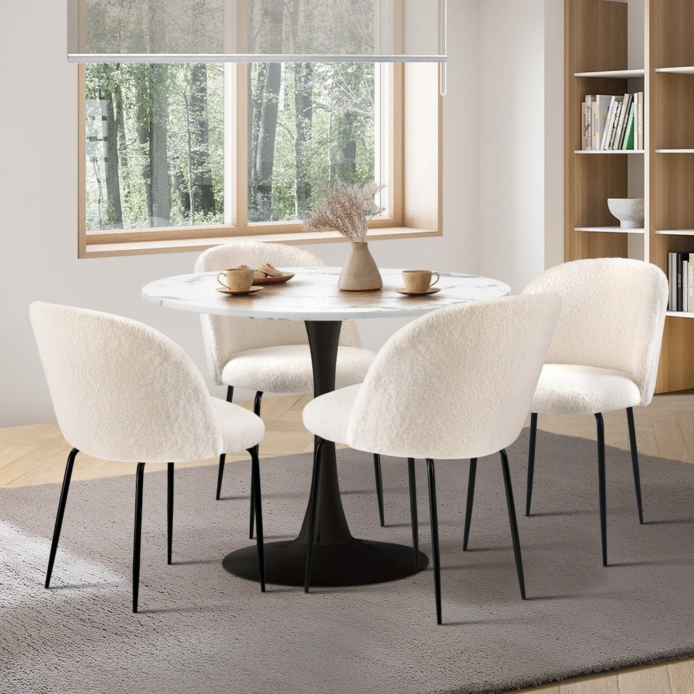 Oikiture 90cm Round Dining Table with 4PCS Chairs Sherpa White-Dining Sets-PEROZ Accessories