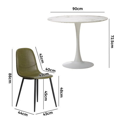 Oikiture 90cm Round Dining Table with 4x Dining Chairs PU Leather Green-Dining Set-PEROZ Accessories