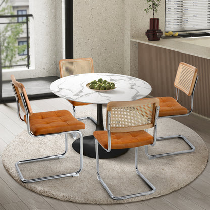 Oikiture 90cm Round Dining Table with 4PCS Chairs PU Leather Brown-Dining Set-PEROZ Accessories