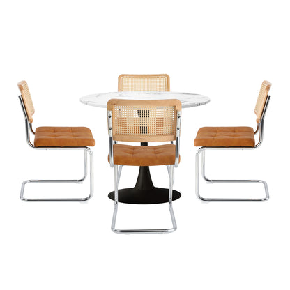 Oikiture 90cm Round Dining Table with 4PCS Chairs PU Leather Brown-Dining Set-PEROZ Accessories
