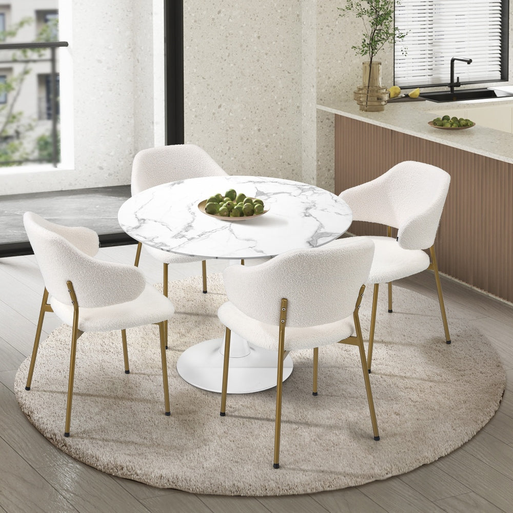 Oikiture 90cm Round Dining Table with 4x Dining Chairs Sherpa Gold &amp; White-Dining Set-PEROZ Accessories